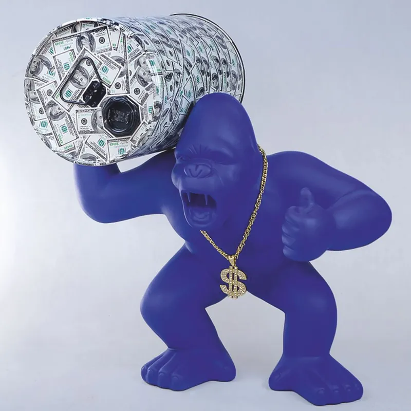 Echt Casa Padrino Deko Skulptur Gorilla mit Fass Blau H. 110 cm - Große Deko Figur