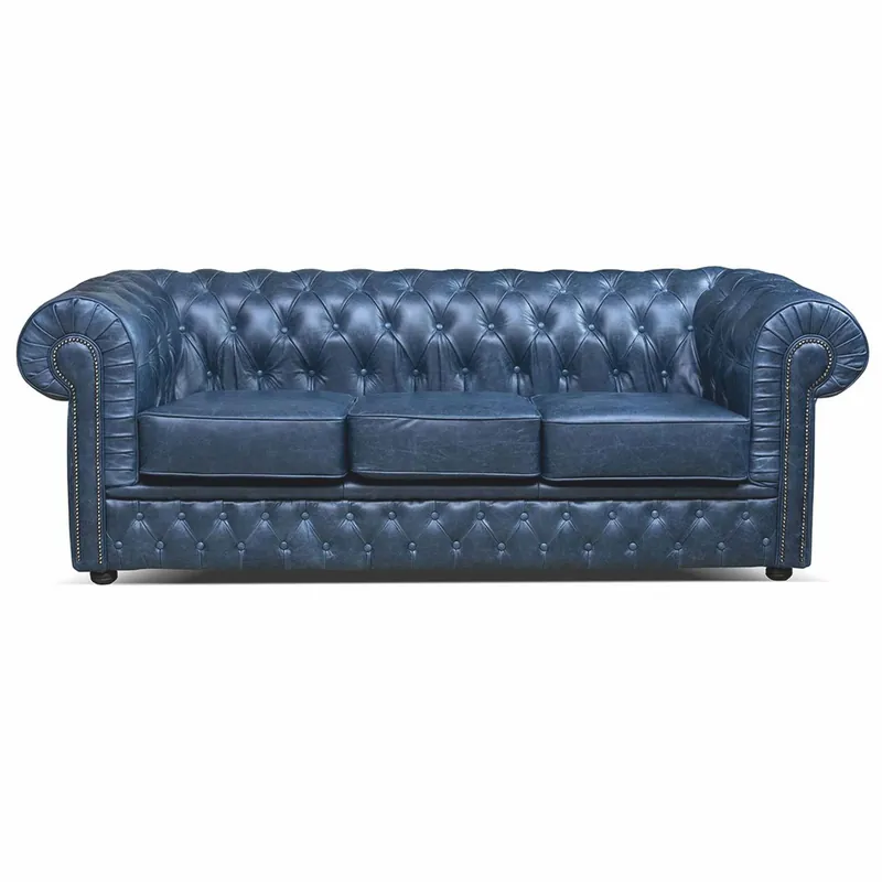 Casa Padrino Luxus Chesterfield Leder Sofa Vintage Blau / Schwarz 224 cm - Echtleder Möbel Neue Kollektion
