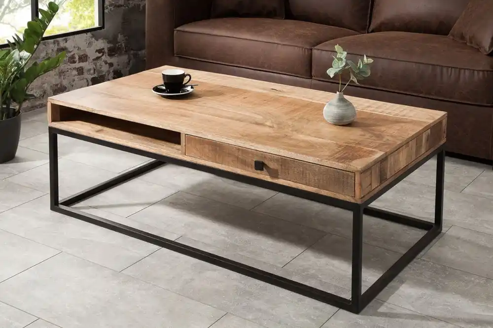Preis Gesenkt Casa Padrino Couchtisch Naturfarben / Schwarz 100 cm - Wohnzimmertisch mit 2 Schubladen