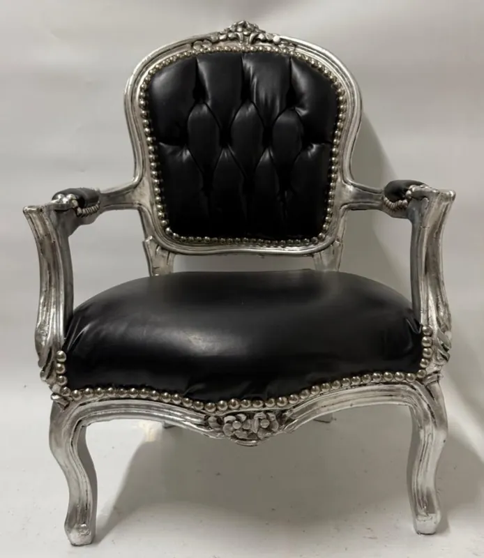 Garantierte Lieferung Casa Padrino Barock Kunstleder Kinderstuhl mit Armlehnen Schwarz / Silber - Barock Kindermöbel