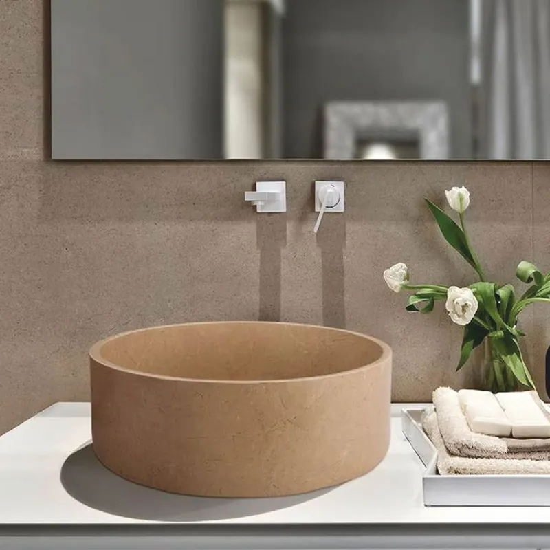 Markenprodukt Casa Padrino Luxus Travertin Waschbecken Schale Taupe Ø 42 cm - Badezimmer Accessoires
