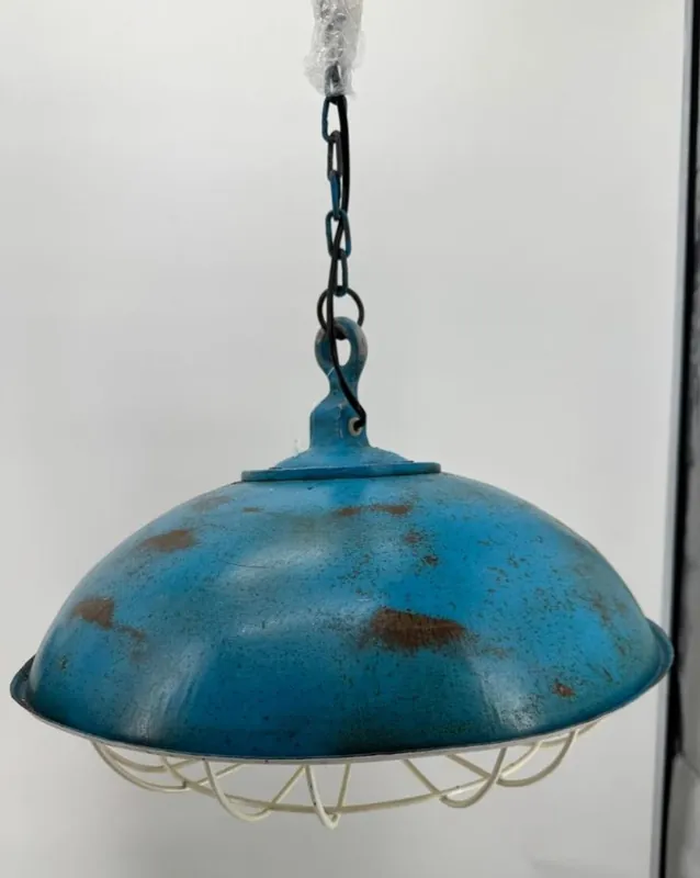 Casa Padrino Industrie Stil Hängeleuchte Antik Blau / Weiß Ø 45 cm - Industrie Stil Leuchten Begrenztes Angebot