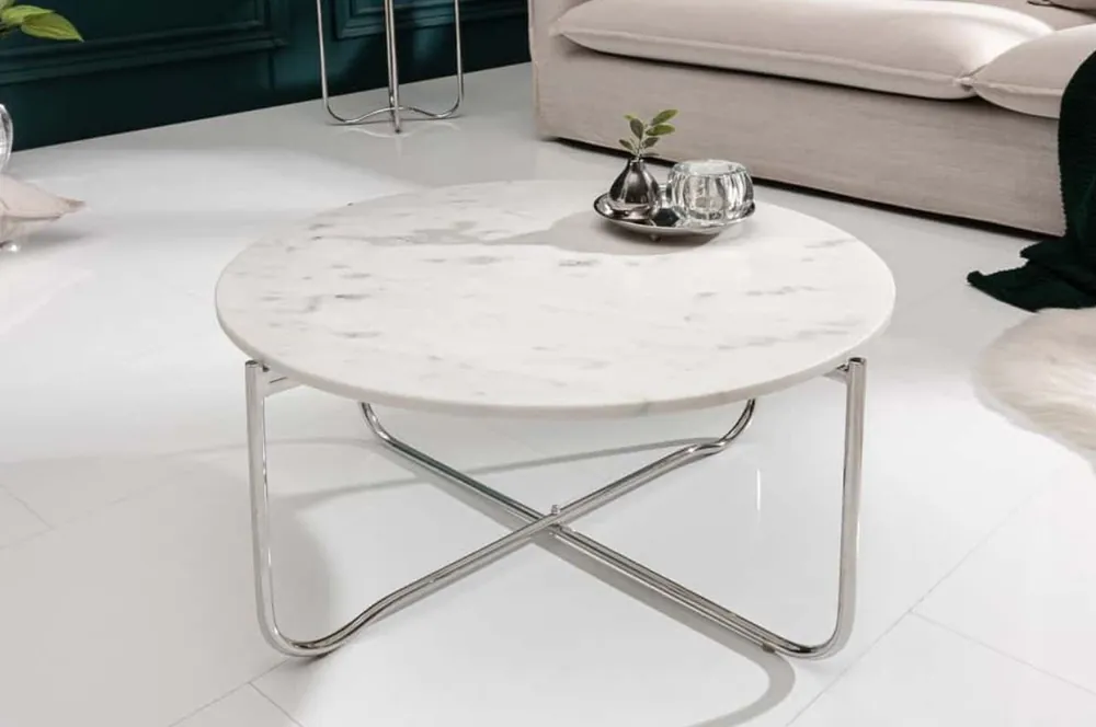 Neu Casa Padrino Couchtisch mit Marmorplatte Weiß / Silber Ø 62 cm - Wohnzimmer Möbel