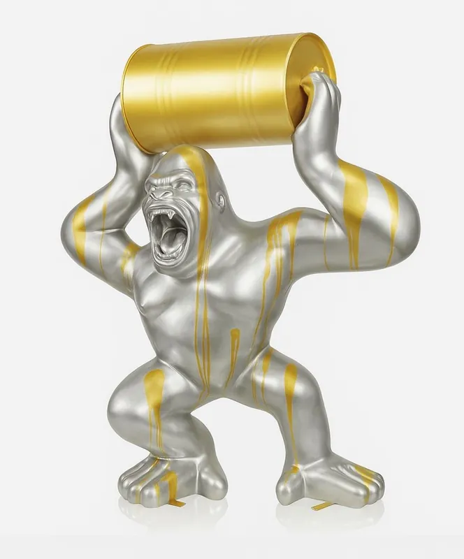 Sichere Zahlung Casa Padrino XXL Deko Skulptur Gorilla mit Fass Silber / Gold H. 240 cm - Garten Figur