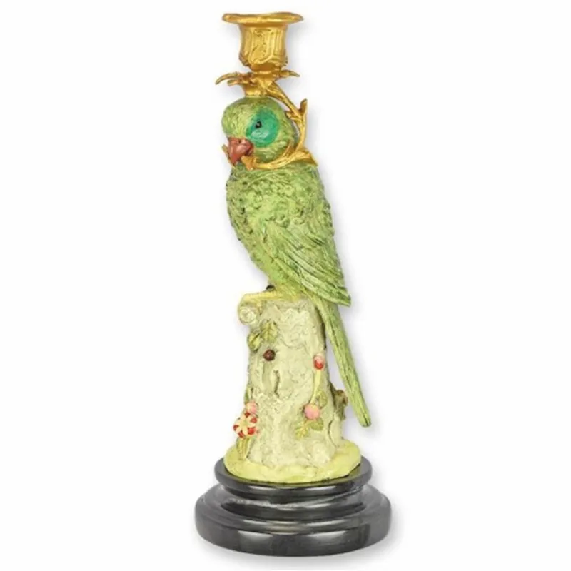 Casa Padrino Jugendstil Kerzenständer Papagei schaut nach links Grün / Gold / Schwarz H. 31 cm Saisonangebot