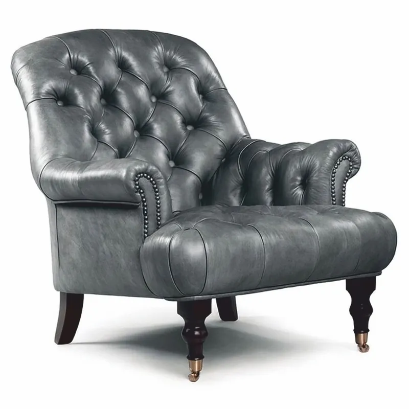 Casa Padrino Luxus Chesterfield Echtleder Sessel Grau / Dunkelbraun / Messing H. 89 cm Must-Have