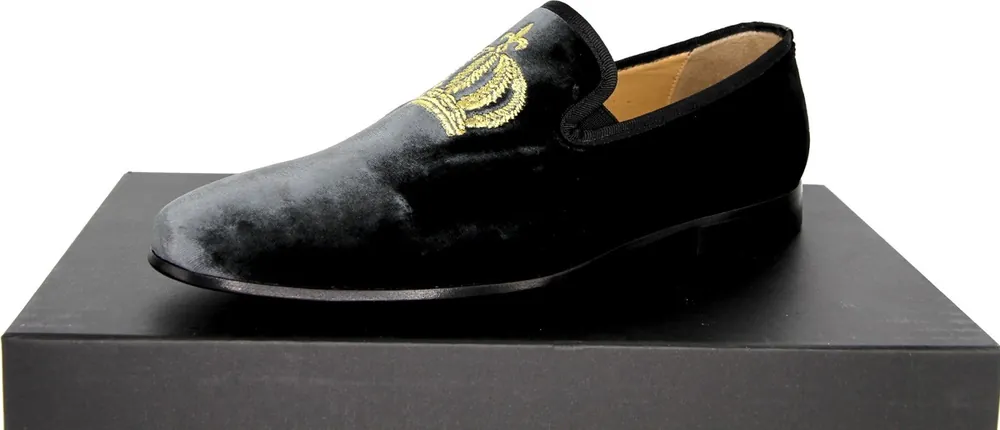 Ausverkauf Pompöös by Casa Padrino luxury velvet slipper with crown silver anthracite / gold - Different Shoe Sizes - designed by Harald Glööckler