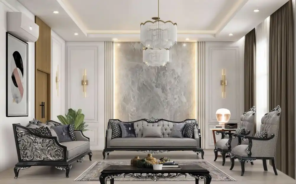Geprüft Casa Padrino Luxury Baroque Living Room Set Silver / Black - 2 Sofas & 2 Armchairs & 1 Coffee Table - Handcrafted Baroque Living Room Furniture - Noble & Magnificent