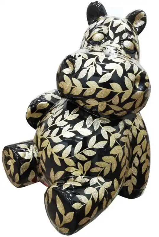 Must-Have Casa Padrino designer decorative sculpture sitting hippopotamus with glitter look black / gold H. 100 cm - Weatherproof decoration figure - Living room decoration - Garden decoration - Terrace decoration