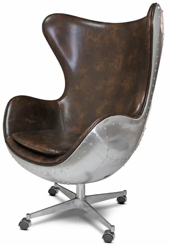 Casa Padrino genuine leather swivel armchair dark brown / silver 85 x 78 x H. 112 cm - Leather armchair in egg shape - Club armchair - Lounge armchair - Aluminum airplane aviator furniture Direktkauf