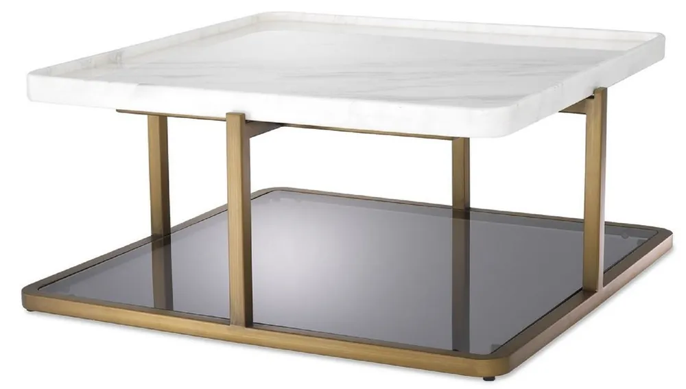 Casa Padrino luxury coffee table brass / white / gray 58 x 58 x H. 27.5 cm - Modern stainless steel living room table with marble top and tinted glass - Luxury Furniture Markenprodukt