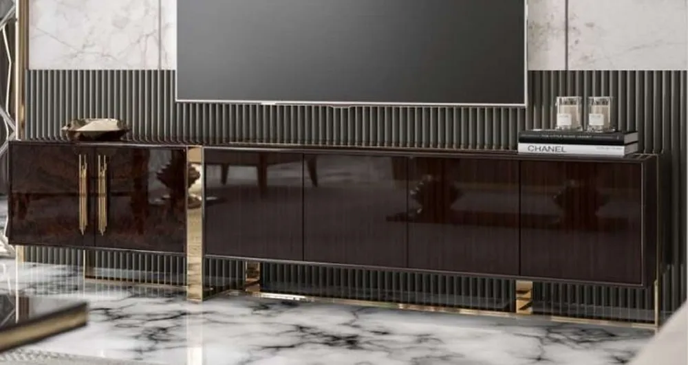 Neu Casa Padrino luxury Art Deco TV cabinet dark brown high gloss / gold - Noble living room TV cabinet with 6 doors - Art Deco Furniture