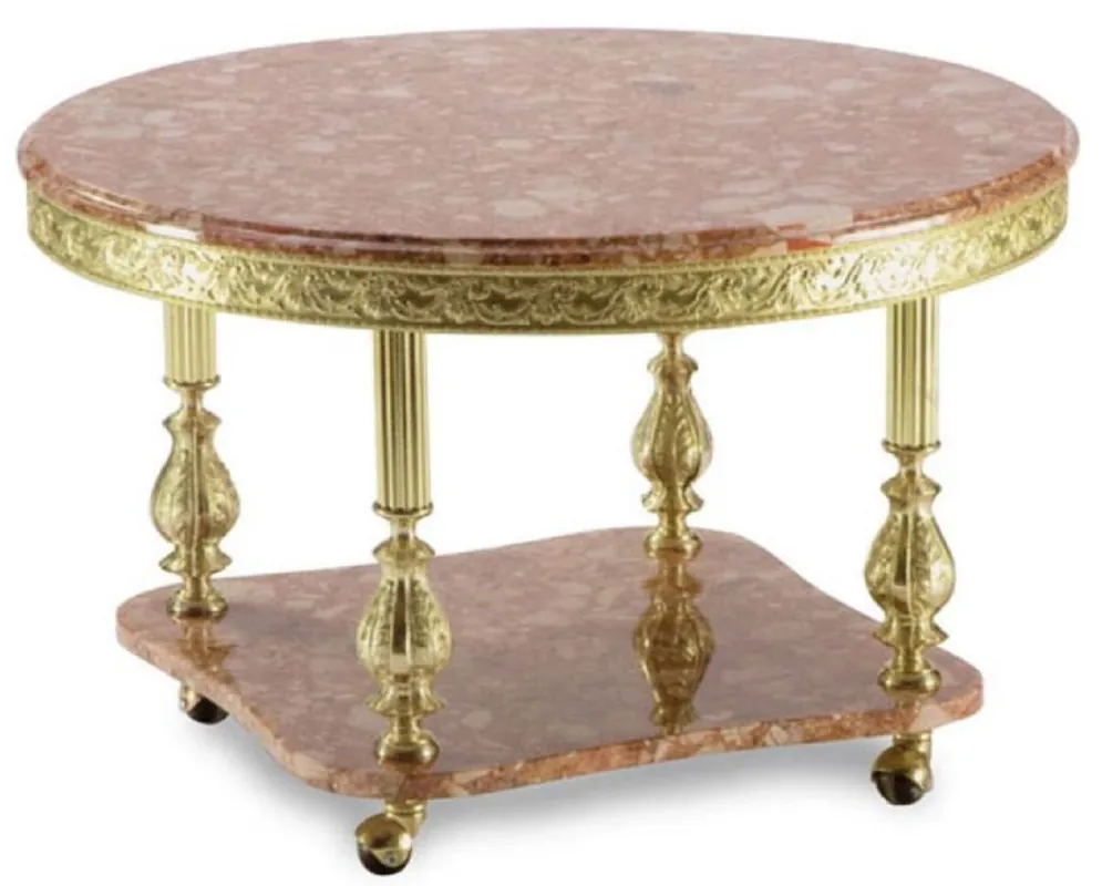 Sonderaktion Casa Padrino luxury baroque coffee table pink / gold Ø 80 x H. 43 cm - Round brass living room table with marble top and wheels - Baroque living room furniture