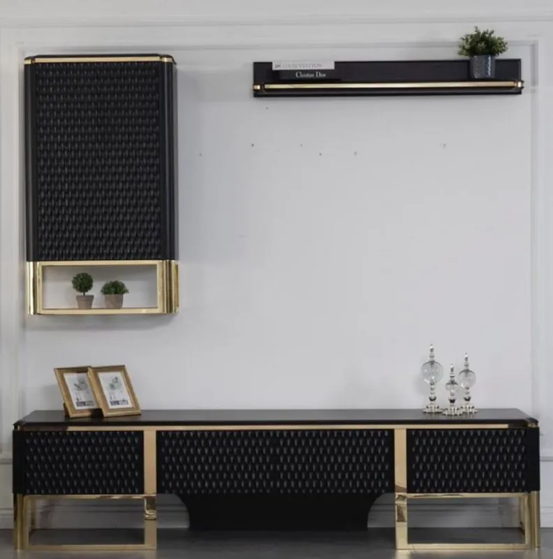Abverkauf Casa Padrino luxury TV cabinet set black / gold 220 x 50 x H. 53 cm - 1 TV Cabinet & 1 Wall Cabinet & 1 Wall Shelf - Luxury living room furniture