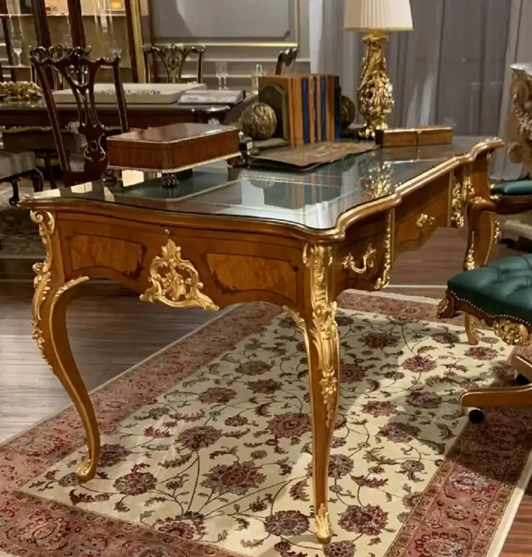 Günstig Casa Padrino luxury baroque desk brown / gold 156 x 88 x H. 80 cm - Magnificent handmade solid wood office table with glass top - Baroque Office furniture - Luxury Quality