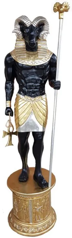 Casa Padrino Deco Sculpture Egyptian God Chnum Black / Gold / Silver H. 250 cm - Huge Weatherproof Egyptian Decoration Figure with Pedestal - Garden & Terrace Decoration Begrenztes Angebot