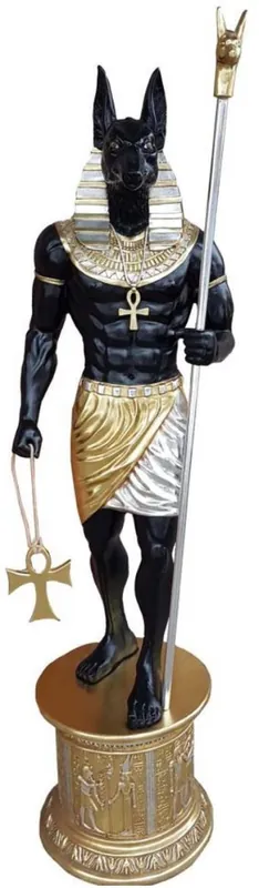 Casa Padrino Deco Sculpture Egyptian God Anubis Black / Gold / Silver H. 250 cm - Huge Weatherproof Egyptian Decoration Figure with Pedestal - Garden & Terrace Decoration Sale