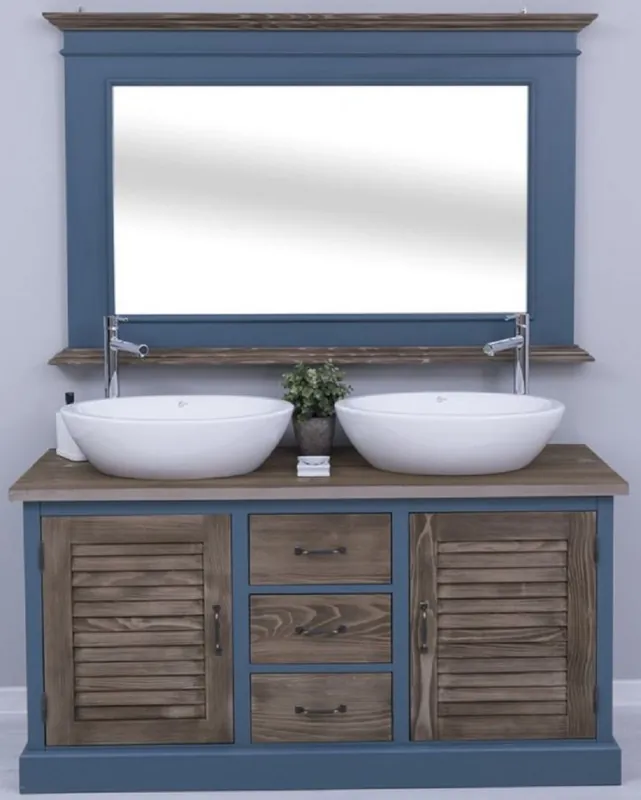 Casa Padrino Country Style Bathroom Set Blue / Dark Brown - 1 Double Washstand & 2 Sinks & 2 Taps & 1 Wall Mirror - Solid Wood Bathroom Furniture in Country Style Rabatt