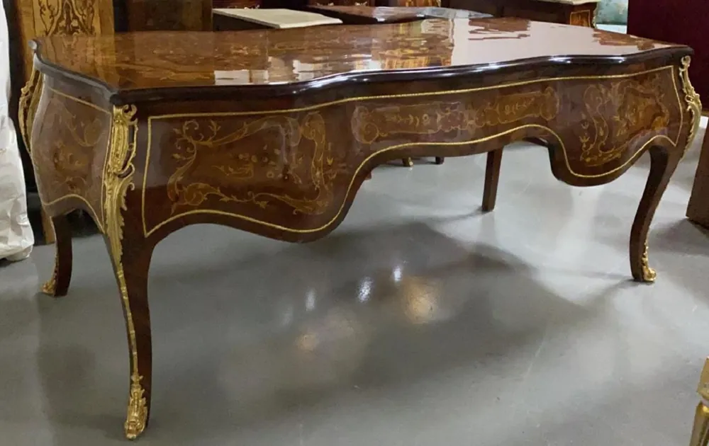 Letzte Chance Casa Padrino baroque desk mahogany inlaid / gold - Handmade antique style desk with 5 drawers - Baroque office furniture