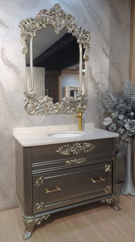 Expressversand Casa Padrino baroque bathroom set silver / white - 1 Washstand with Marble Top and Ceramic Washbasin & 1 Wall Mirror - Magnificent baroque bathroom furniture