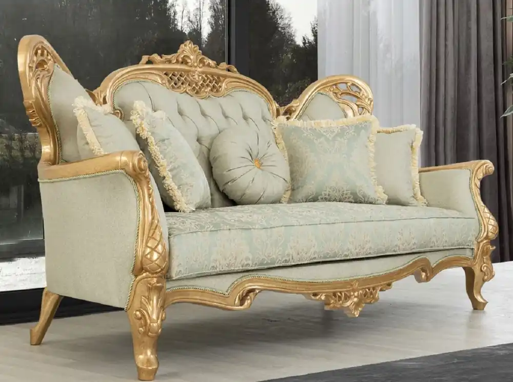 Preisknaller Casa Padrino luxury baroque sofa light green / gold - Handmade living room sofa with elegant pattern and rhinestones - Baroque living room furniture - Noble & Magnificent