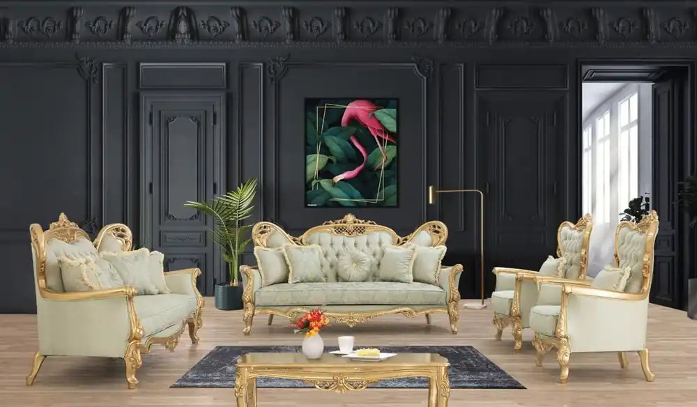 Casa Padrino Luxury Baroque Living Room Set Light Green / Gold - 2 Sofas & 2 Armchairs & 1 Coffee Table - Handcrafted Baroque Living Room Furniture - Noble & Magnificent Sichere Zahlung