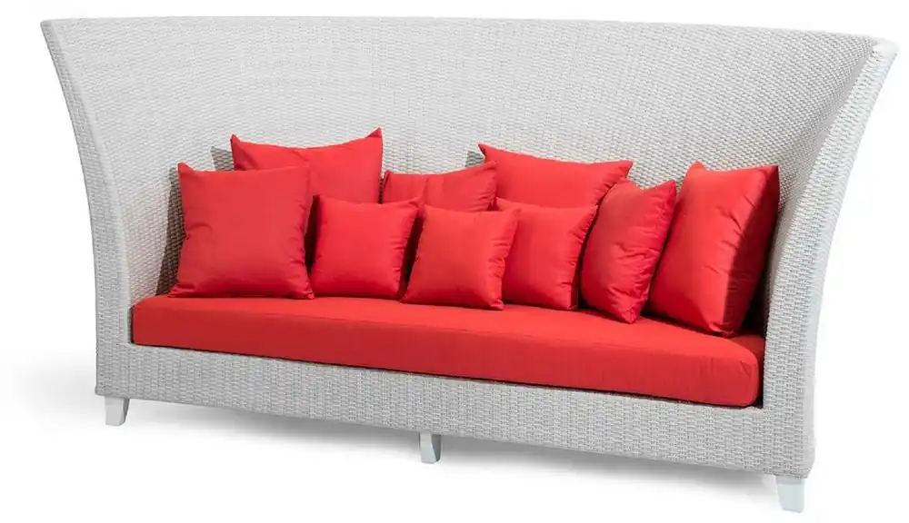 Casa Padrino luxury garden sofa white / red 277 x 123 x H. 133 cm - Hand woven weather resistant high back sofa with pillows - Modern garden furniture - Hotel Furniture Must-Have
