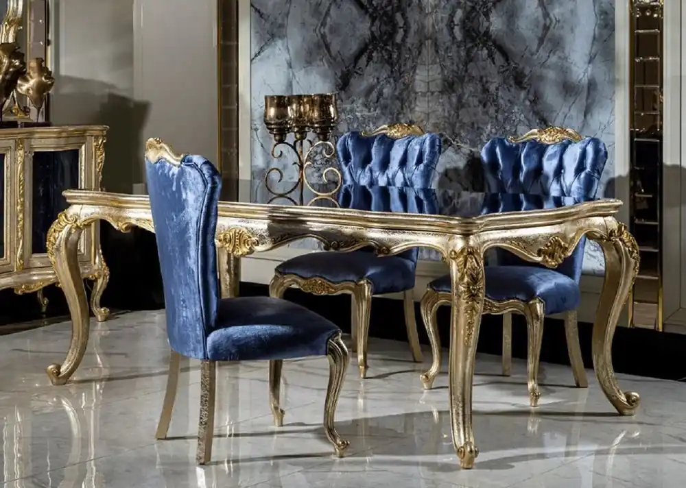 Preisreduziert Casa Padrino luxury baroque dining room set blue / silver / gold - 1 Dining Table & 6 Dining Chairs - Baroque dining room furniture - Noble & Magnificent