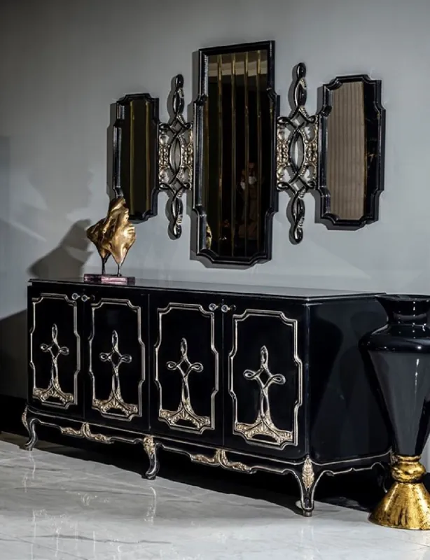 Casa Padrino Luxury Baroque Furniture Set Black / Gold - 1 Sideboard with 4 Doors & 1 Mirror - Handmade Baroque Furniture - Noble & Magnificent Preiswert
