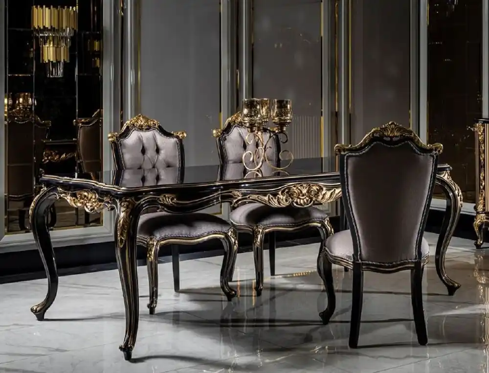 Casa Padrino luxury baroque dining room set silver / black / gold - 1 Dining Table & 6 Dining Chairs - Baroque dining room furniture - Noble & Magnificent Markenware