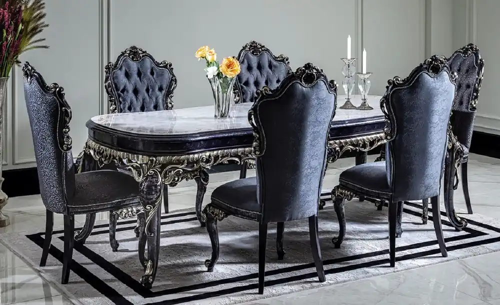 Abverkauf Casa Padrino luxury baroque dining room set white / blue / gold - 1 Dining Table & 6 Dining Chairs - Baroque dining room furniture - Noble & Magnificent