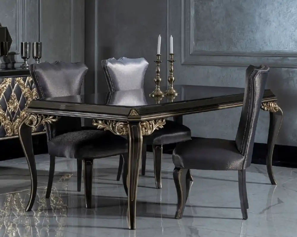 Casa Padrino luxury baroque dining room set blue / black / gold - 1 Dining Table with Glass Top & 6 Dining Chairs - Noble dining room furniture in baroque style Bestpreis