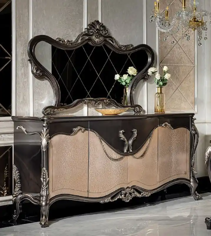 Casa Padrino Luxury Baroque Furniture Set Dark Gray / Beige / Gold - 1 Sideboard with 4 Doors & 1 Mirror - Handmade Baroque Furniture - Noble & Magnificent Markenware