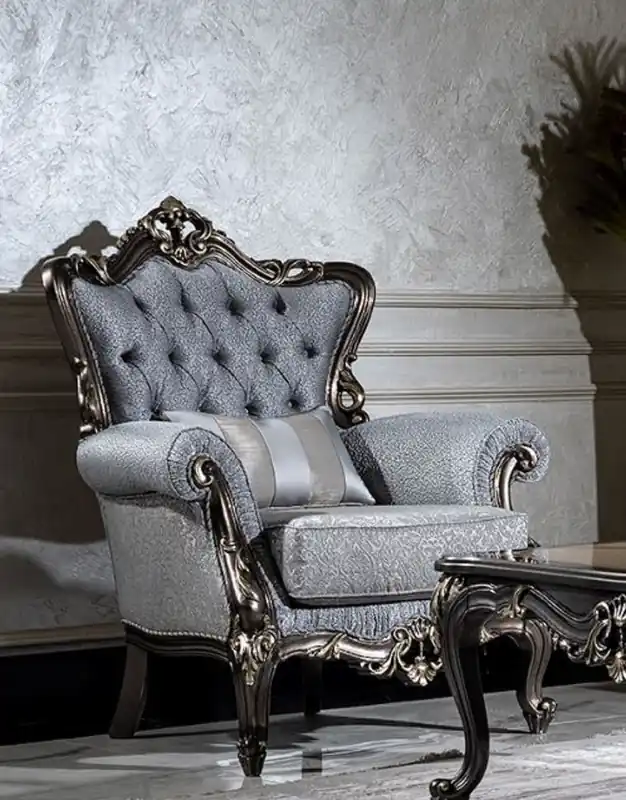 Casa Padrino luxury baroque armchair light blue / gray / dark gray / gold - Elegant living room armchair with pattern and decorative pillow - Baroque living room furniture Sale