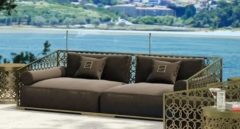 Casa Padrino luxury 3 seater sofa brown / gold 325 x 109 cm - Handmade sofa with pillows - Living Room Sofa - Garden Sofa - Patio Sofa - Hotel Furniture - Luxury Quality Sichere Zahlung