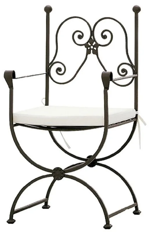 Sonderaktion Casa Padrino luxury Art Nouveau garden chair with armrests and seat cushion brown / white 60 x 44 x H. 97 cm - Hand forged dining room chair - Dining Room Garden Patio Furniture