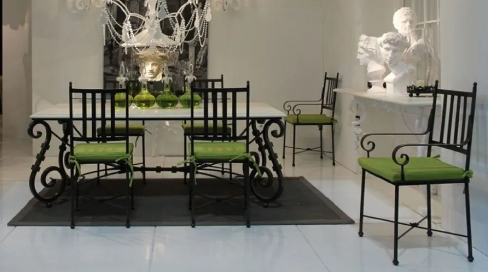 Casa Padrino luxury Art Nouveau garden chair set with armrests and seat cushions black / green 47 x 50 x H. 103 cm - Hand forged dining room chairs - Dining Room Garden Patio Furniture Direkt Vom Hersteller
