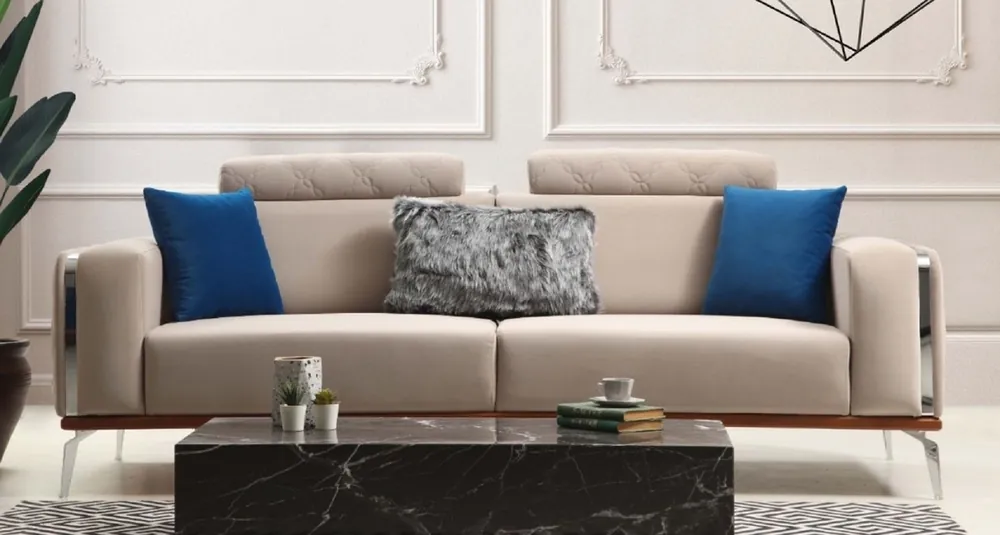 Jetzt Bestellen Casa Padrino luxury living room sofa with adjustable backrest beige / brown / silver 225 x 95 x H. 89 cm - Luxury living room furniture