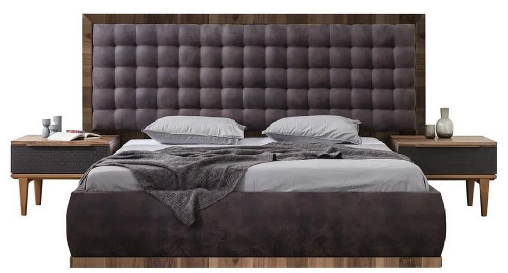 Casa Padrino luxury solid wood bedroom set gray / brown - 1 Double Bed with Headboard & 2 Bedside Tables - Luxury bedroom furniture Garantierte Lieferung