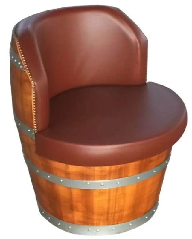 Sofort Bestellen Casa Padrino luxury barrel armchair brown / natural / silver Ø 69 x H. 75 cm - Upholstered solid wood wine barrel armchair - Garden Terraces Gastronomy Furniture