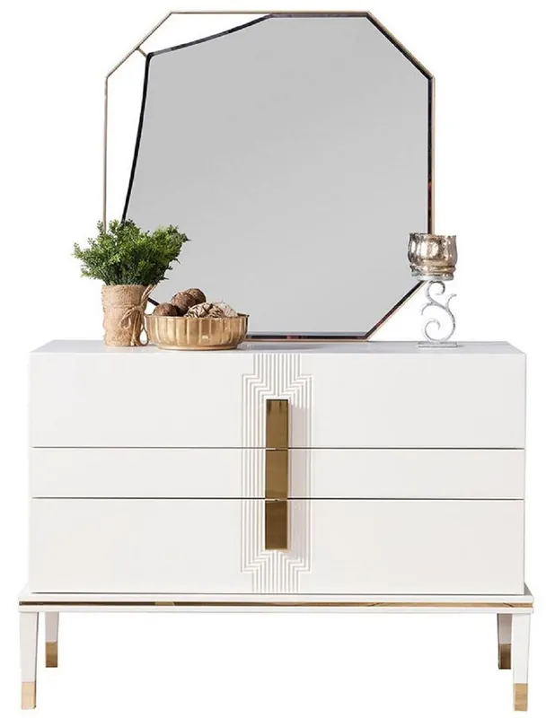 Casa Padrino luxury bedroom chest of drawers with wall mirror white / gold - Modern solid wood cabinet with elegant mirror - Luxury bedroom furniture Top-Preis