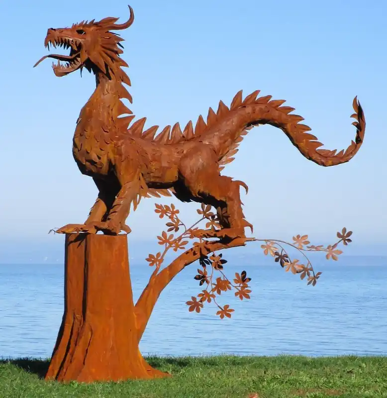 Solange Der Vorrat Reicht Casa Padrino luxury garden decoration sculpture dragon rust 290 x 140 x H. 292 cm - Huge steel decoration figure - Garden Figure - Hotel Garden Decoration