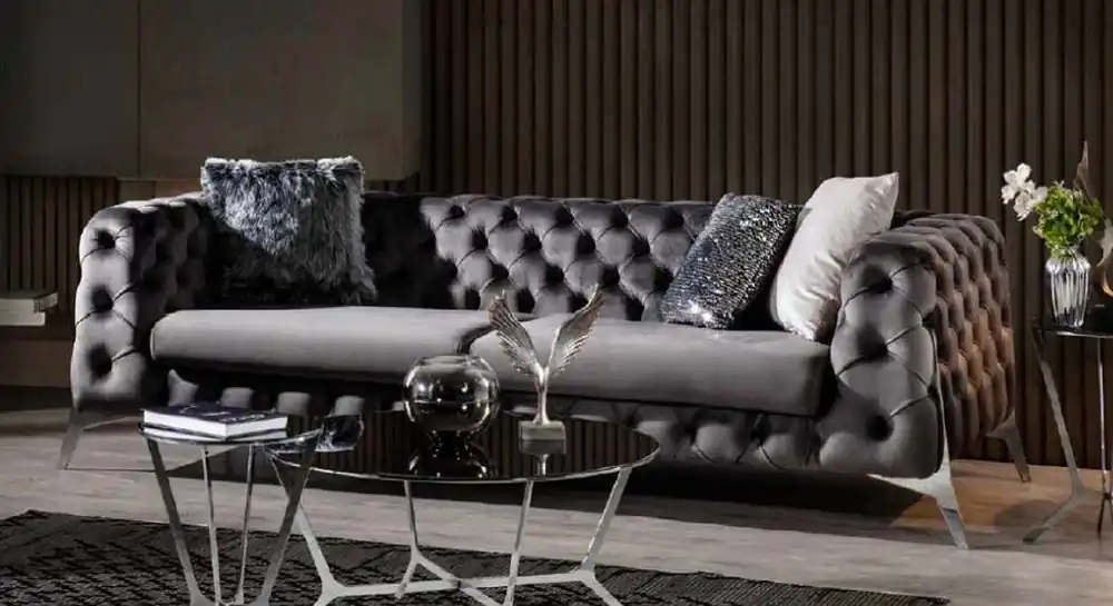 Neu Im Sortiment Casa Padrino Luxury Chesterfield Sofa Gray / Silver 240 x 100 x H. 72 cm - Living Room Sofa - Chesterfield Living Room Furniture