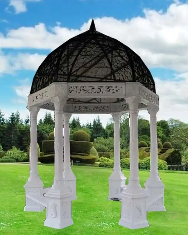 Sofort Bestellen Casa Padrino luxury baroque garden pavilion black / white Ø 300 x H. 420 cm - Cast iron pavilion with integrated benches - Magnificent garden decoration in baroque style