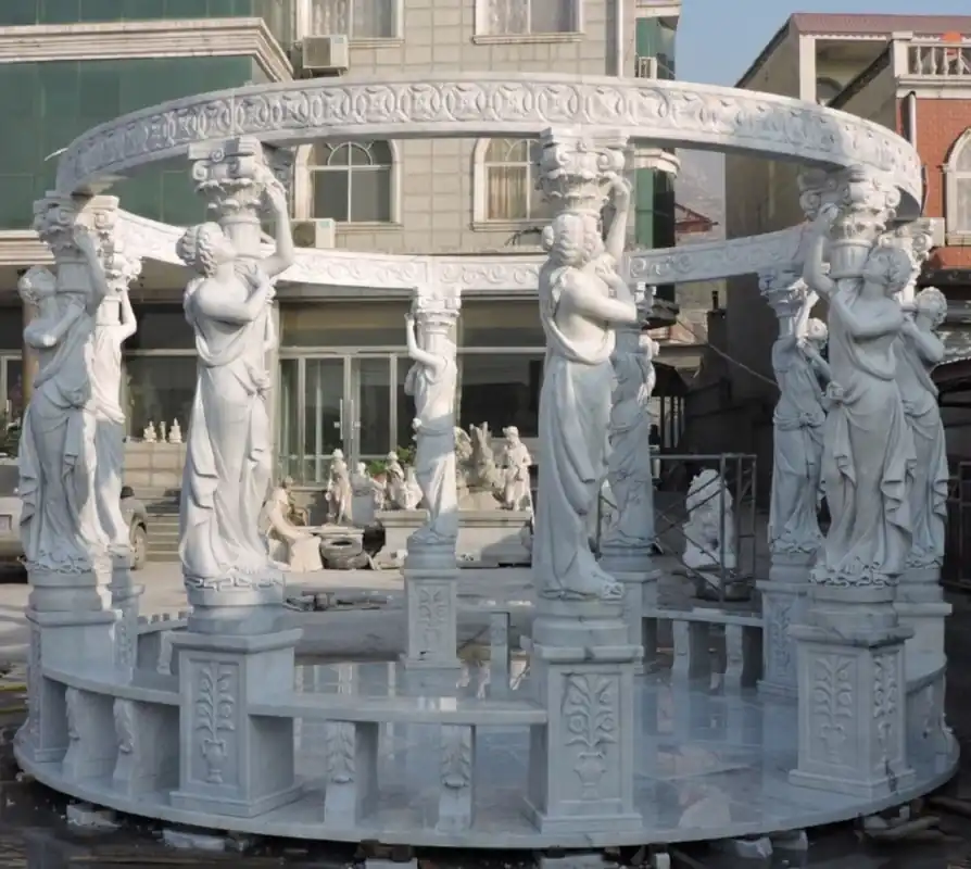 Casa Padrino Luxury Art Nouveau Garden Pavilion White Ø 500 x H. 300 cm - Round Marble Pavilion with Noble Statues and Integrated Benches - Magnificent Baroque & Art Nouveau Garden Decoration Ausverkauf
