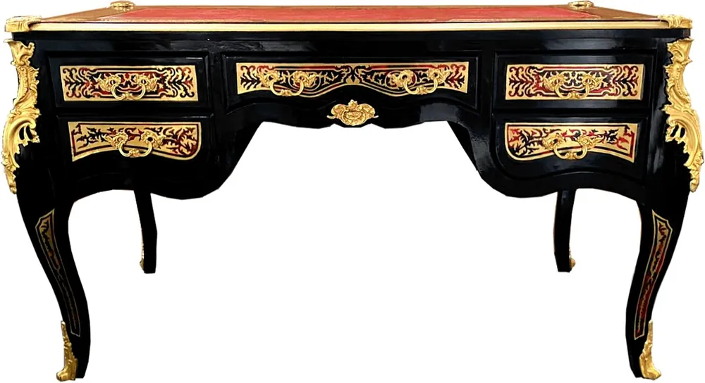 Neu Casa Padrino Baroque Boulle Secretary in French Style Black / Gold 140 cm - Handcrafted Antique Style Desk with Drawer - Baroque Office Furniture