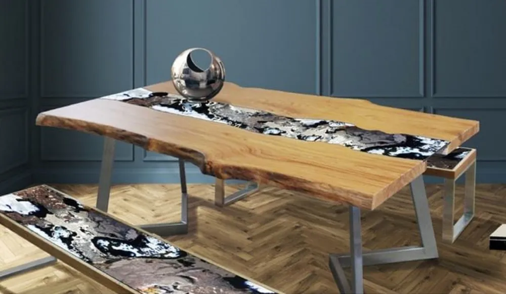 Casa Padrino luxury dining table natural / multicolor / silver 200 x 100 x H. 75 cm - Modern solid wood table with noble lava stone and stainless steel frame - Dining room furniture - Luxury Quality Kracherpreis