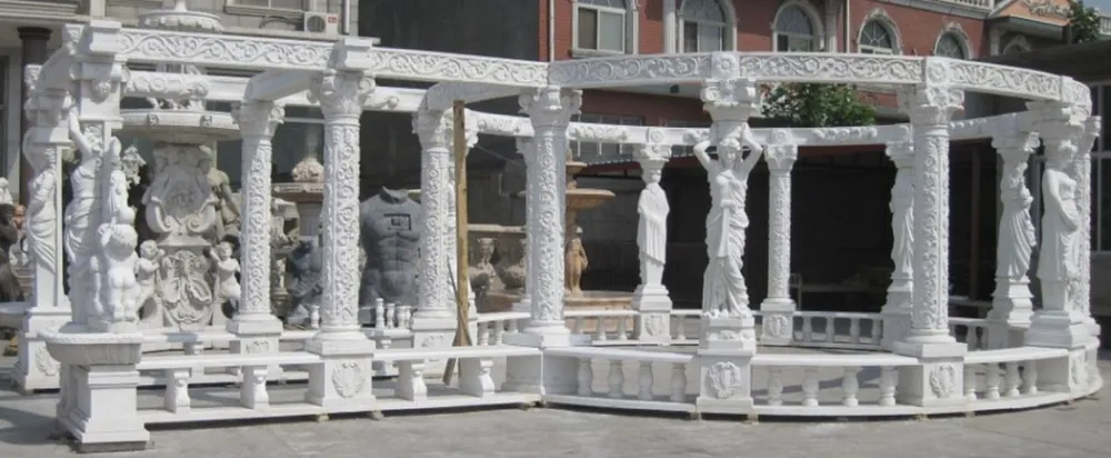 Casa Padrino Luxury Art Nouveau Garden Pavilion White 950 x 600 x H. 300 cm - Huge Marble Pavilion with Noble Statues and Integrated Benches - Magnificent Baroque & Art Nouveau Garden Decoration Aktuell