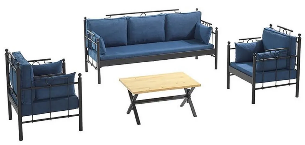 Casa Padrino Art Nouveau Garden Furniture Set Blue / Black - 1 Sofa & 2 Armchairs & 1 Table - Garden & Patio Furniture in Art Nouveau Style Saisonangebot