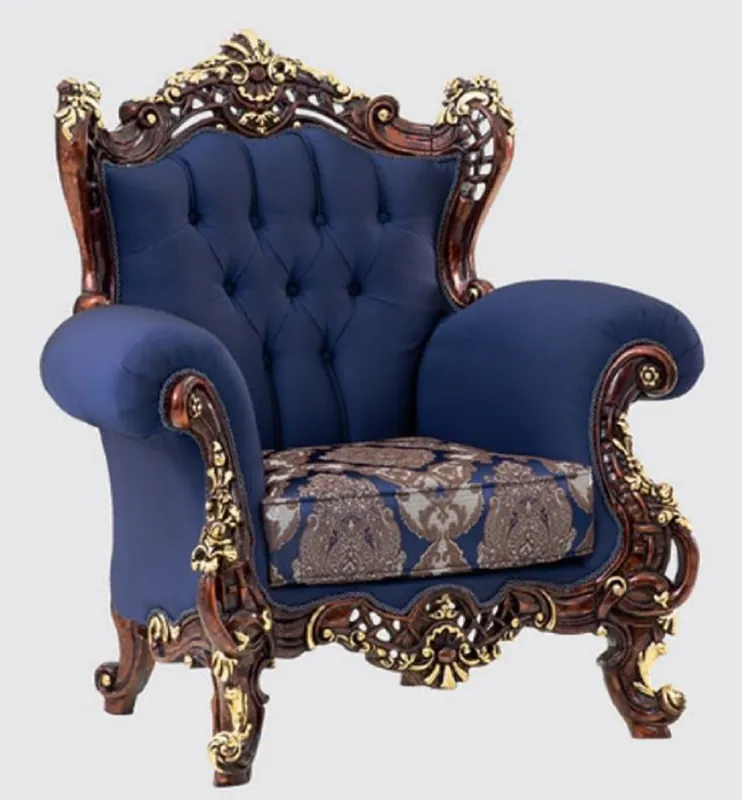 Casa Padrino luxury baroque armchair blue / dark brown / gold 110 x 95 x H. 121 cm - Magnificent living room armchair with elegant pattern - Baroque Furniture Billig